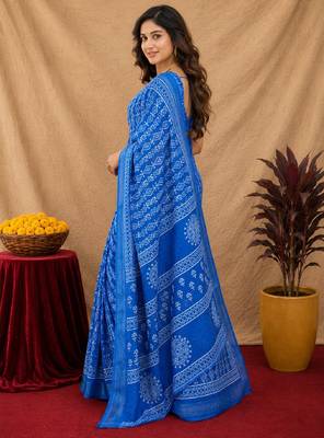 royal blue lilen print work 1 minute ready to wear saree with unstitched blouse piece 3