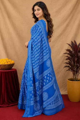 royal blue lilen print work 1 minute ready to wear saree with unstitched blouse piece