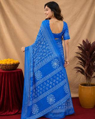 royal blue lilen print work 1 minute ready to wear saree with unstitched blouse piece 4