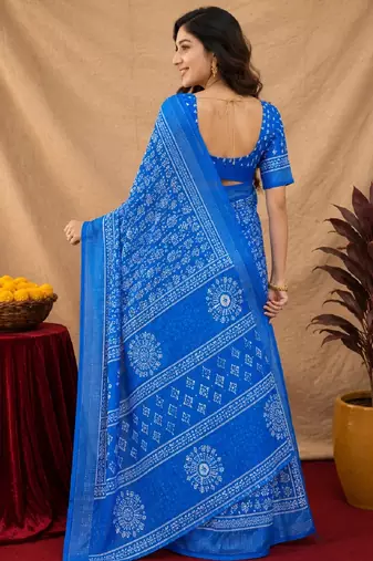 royal blue lilen print work 1 minute ready to wear saree with unstitched blouse piece
