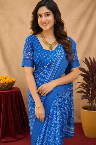 royal blue lilen print work 1 minute ready to wear saree with unstitched blouse piece