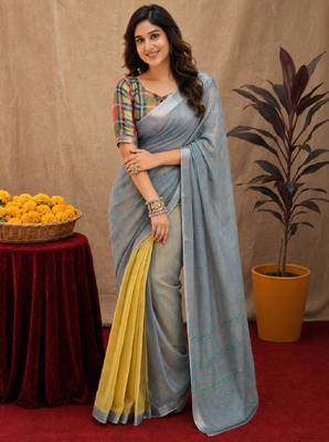 grey yellow lilen print work 1 minute ready to wear saree with unstitched blouse piece 1
