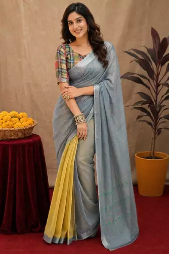 grey yellow lilen print work 1 minute ready to wear saree with unstitched blouse piece