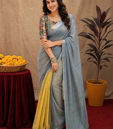 grey yellow lilen print work 1 minute ready to wear saree with unstitched blouse piece