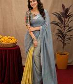 grey yellow lilen print work 1 minute ready to wear saree with unstitched blouse piece