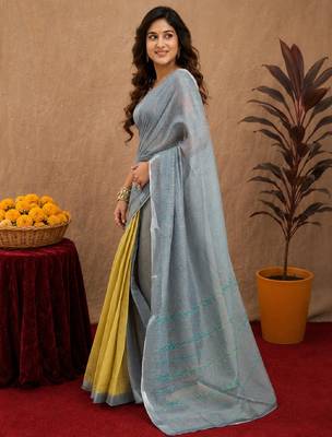 grey yellow lilen print work 1 minute ready to wear saree with unstitched blouse piece 2
