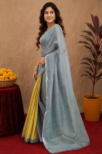 grey yellow lilen print work 1 minute ready to wear saree with unstitched blouse piece