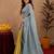 grey yellow lilen print work 1 minute ready to wear saree with unstitched blouse piece