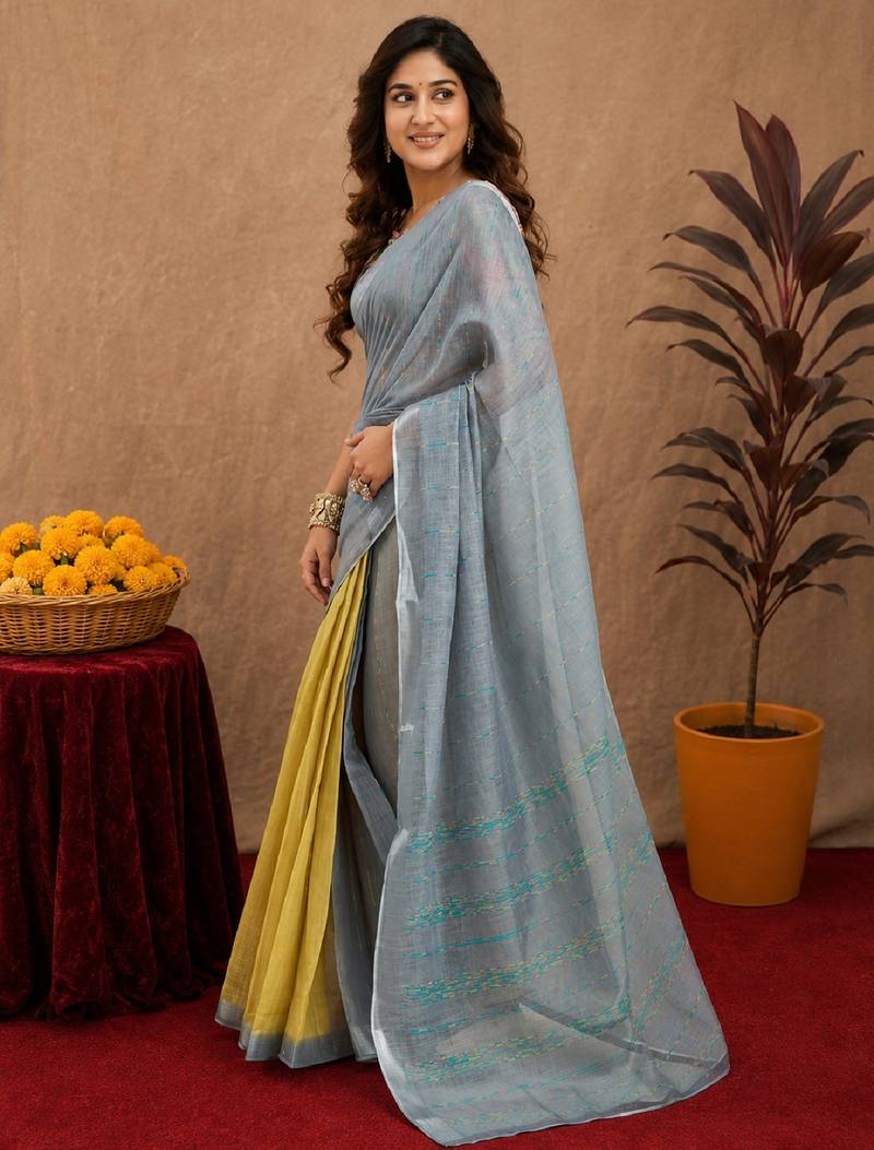 grey yellow lilen print work 1 minute ready to wear saree with unstitched blouse piece