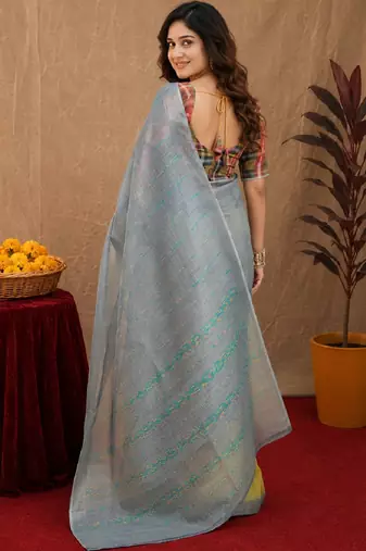 grey yellow lilen print work 1 minute ready to wear saree with unstitched blouse piece