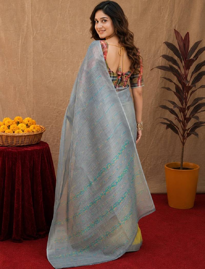grey yellow lilen print work 1 minute ready to wear saree with unstitched blouse piece