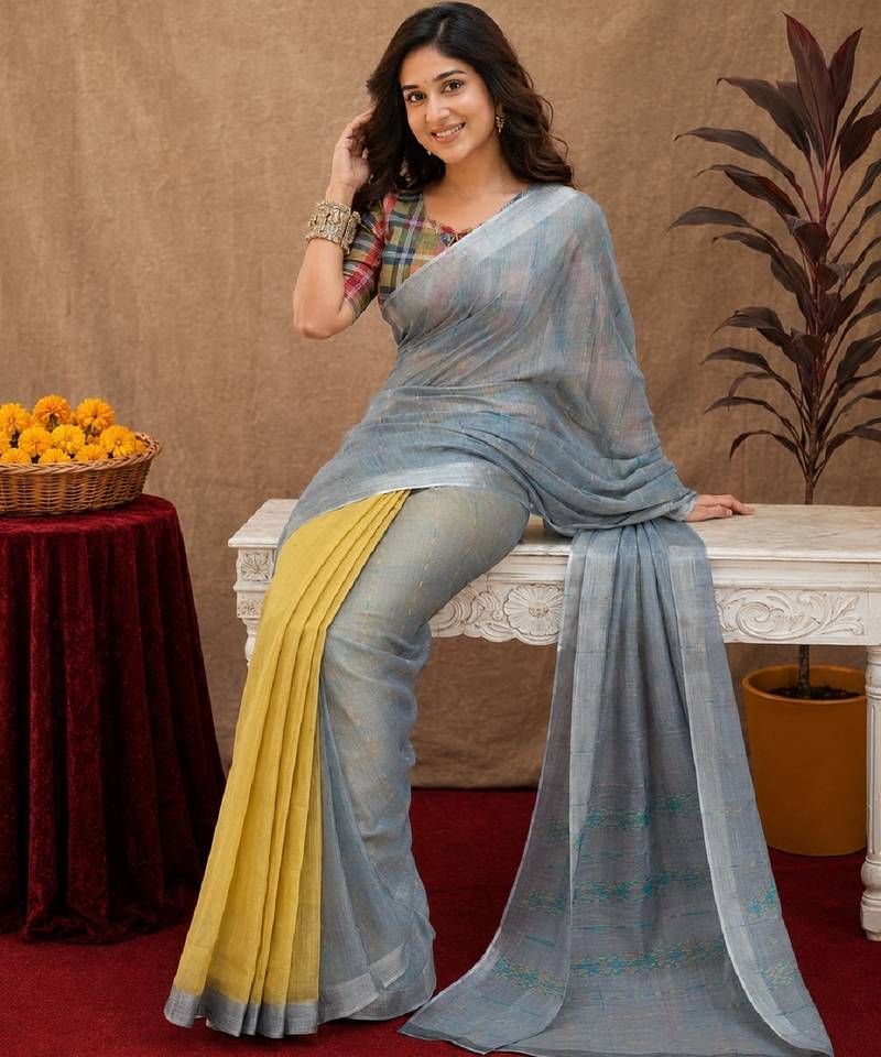 grey yellow lilen print work 1 minute ready to wear saree with unstitched blouse piece