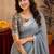 grey yellow lilen print work 1 minute ready to wear saree with unstitched blouse piece