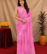 baby pink lilen print work 1 minute ready to wear saree with unstitched blouse piece