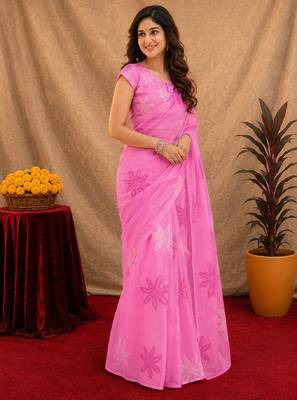 baby pink lilen print work 1 minute ready to wear saree with unstitched blouse piece 2