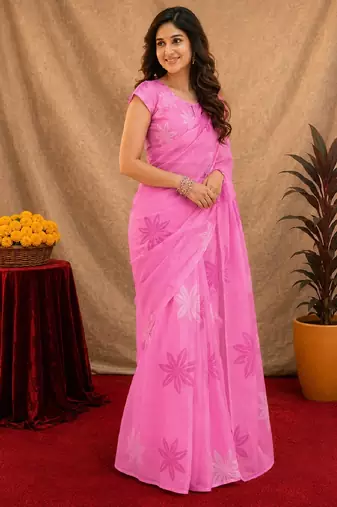 baby pink lilen print work 1 minute ready to wear saree with unstitched blouse piece