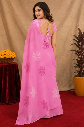 baby pink lilen print work 1 minute ready to wear saree with unstitched blouse piece
