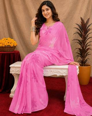 baby pink lilen print work 1 minute ready to wear saree with unstitched blouse piece 4
