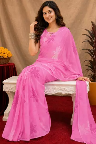 baby pink lilen print work 1 minute ready to wear saree with unstitched blouse piece
