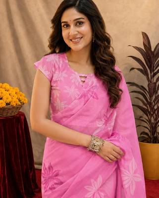 baby pink lilen print work 1 minute ready to wear saree with unstitched blouse piece 5