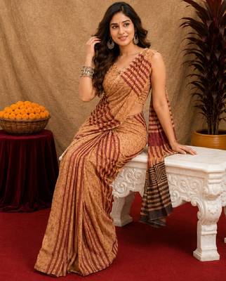 cream brown lilen print work 1 minute ready to wear saree with unstitched blouse piece 1