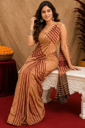 cream brown lilen print work 1 minute ready to wear saree with unstitched blouse piece