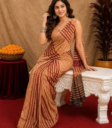 cream brown lilen print work 1 minute ready to wear saree with unstitched blouse piece