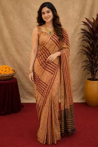 cream brown lilen print work 1 minute ready to wear saree with unstitched blouse piece