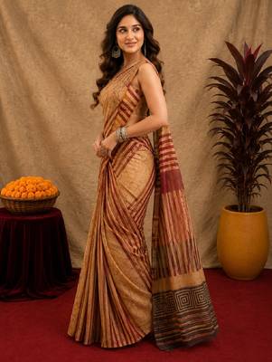 cream brown lilen print work 1 minute ready to wear saree with unstitched blouse piece 3