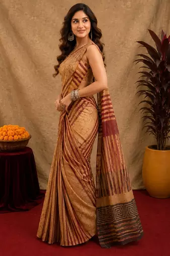cream brown lilen print work 1 minute ready to wear saree with unstitched blouse piece