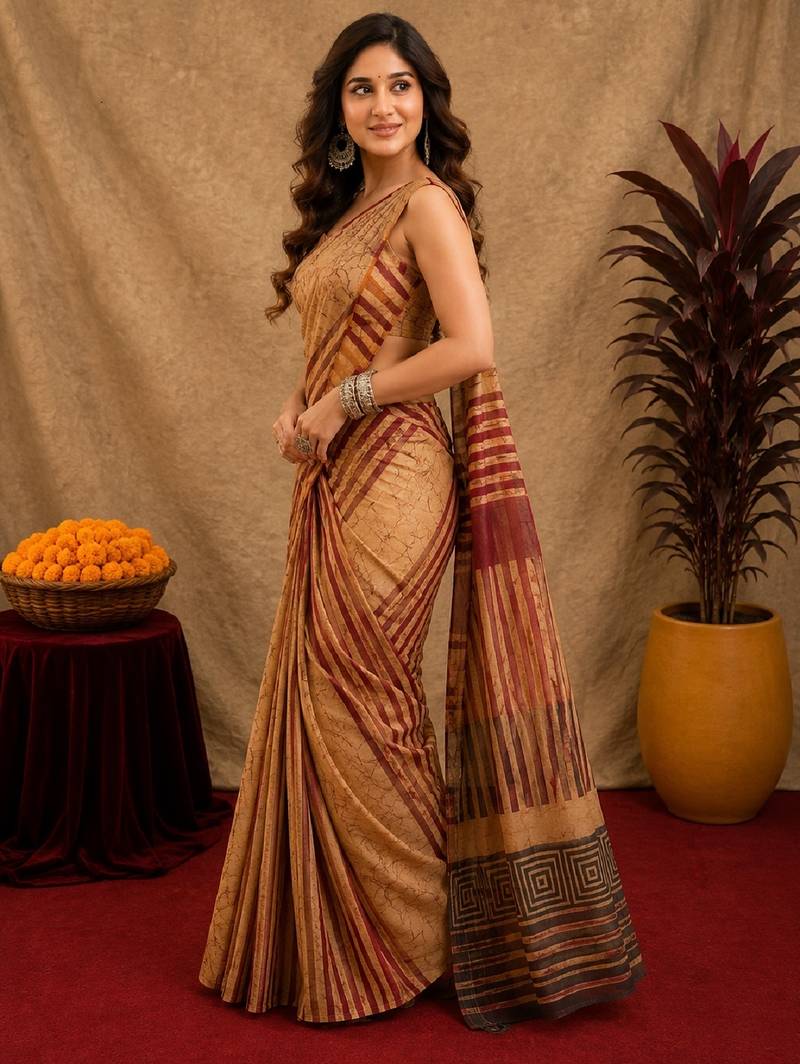 cream brown lilen print work 1 minute ready to wear saree with unstitched blouse piece