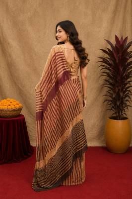 cream brown lilen print work 1 minute ready to wear saree with unstitched blouse piece 4