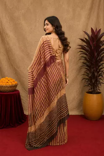 cream brown lilen print work 1 minute ready to wear saree with unstitched blouse piece