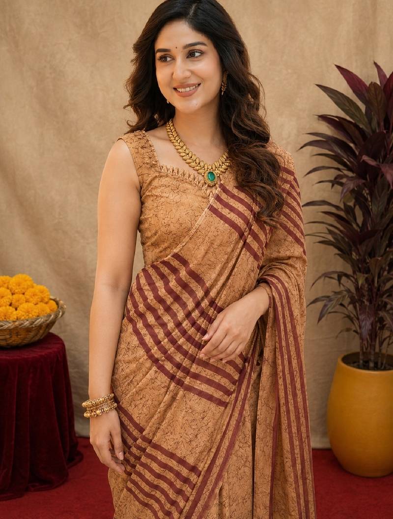 cream brown lilen print work 1 minute ready to wear saree with unstitched blouse piece
