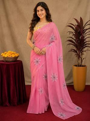 pink yellow lilen print work 1 minute ready to wear saree with unstitched blouse piece 1