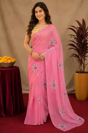 pink yellow lilen print work 1 minute ready to wear saree with unstitched blouse piece