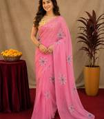 pink yellow lilen print work 1 minute ready to wear saree with unstitched blouse piece