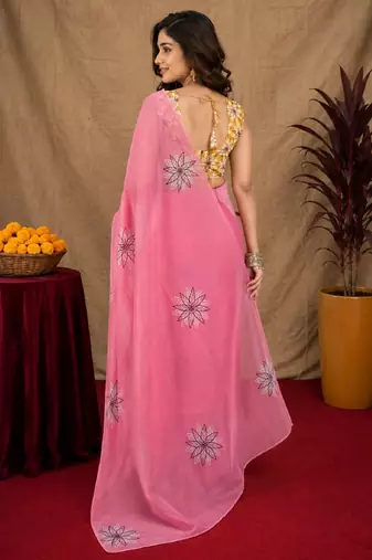 pink yellow lilen print work 1 minute ready to wear saree with unstitched blouse piece