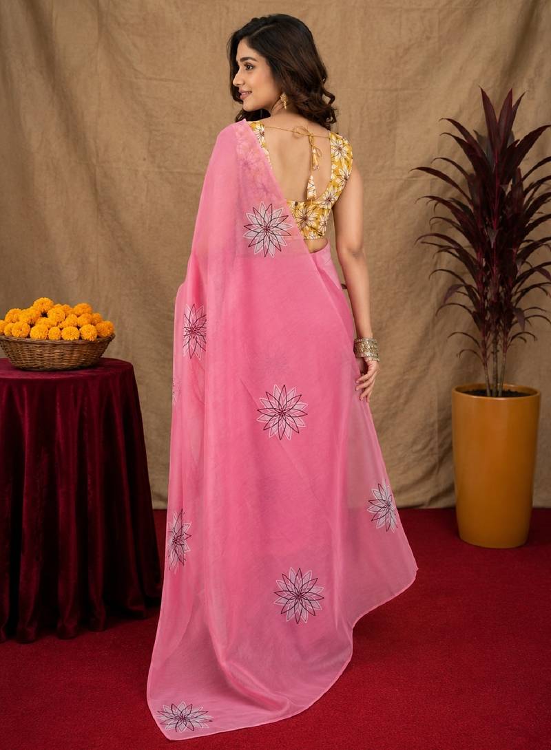 pink yellow lilen print work 1 minute ready to wear saree with unstitched blouse piece