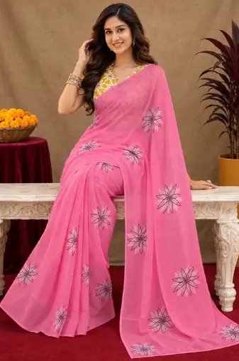 pink yellow lilen print work 1 minute ready to wear saree with unstitched blouse piece