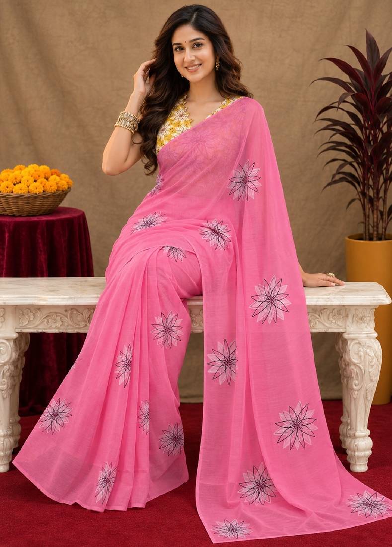 pink yellow lilen print work 1 minute ready to wear saree with unstitched blouse piece