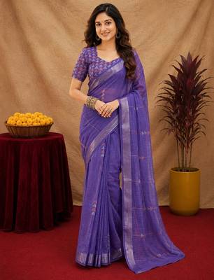 deep purple lilen print work 1 minute ready to wear saree with unstitched blouse piece 1