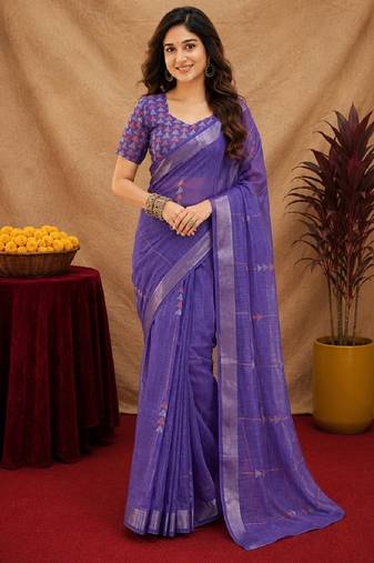 deep purple lilen print work 1 minute ready to wear saree with unstitched blouse piece