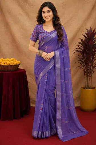 deep purple lilen print work 1 minute ready to wear saree with unstitched blouse piece
