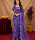deep purple lilen print work 1 minute ready to wear saree with unstitched blouse piece