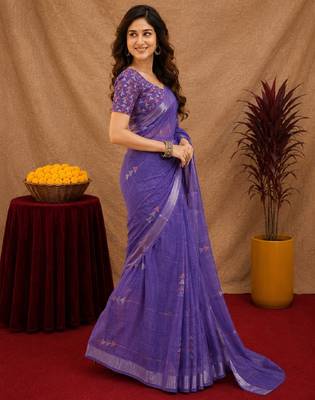 deep purple lilen print work 1 minute ready to wear saree with unstitched blouse piece 2