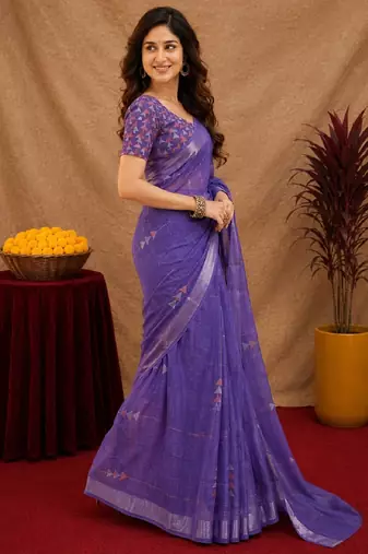 deep purple lilen print work 1 minute ready to wear saree with unstitched blouse piece