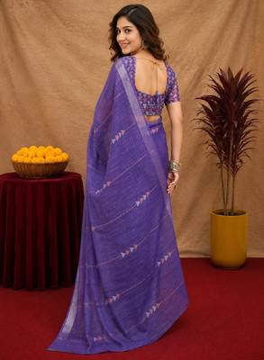 deep purple lilen print work 1 minute ready to wear saree with unstitched blouse piece 3
