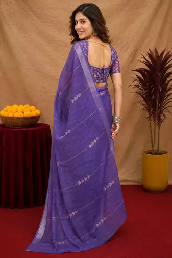 deep purple lilen print work 1 minute ready to wear saree with unstitched blouse piece