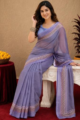 Light levendor lilen print work 1 minute ready to wear saree with unstitched blouse piece